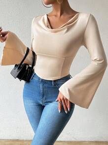 Chiquease Solid Color Cowl Neck Bell Sleeve T-Shirt - Apricot - View 1