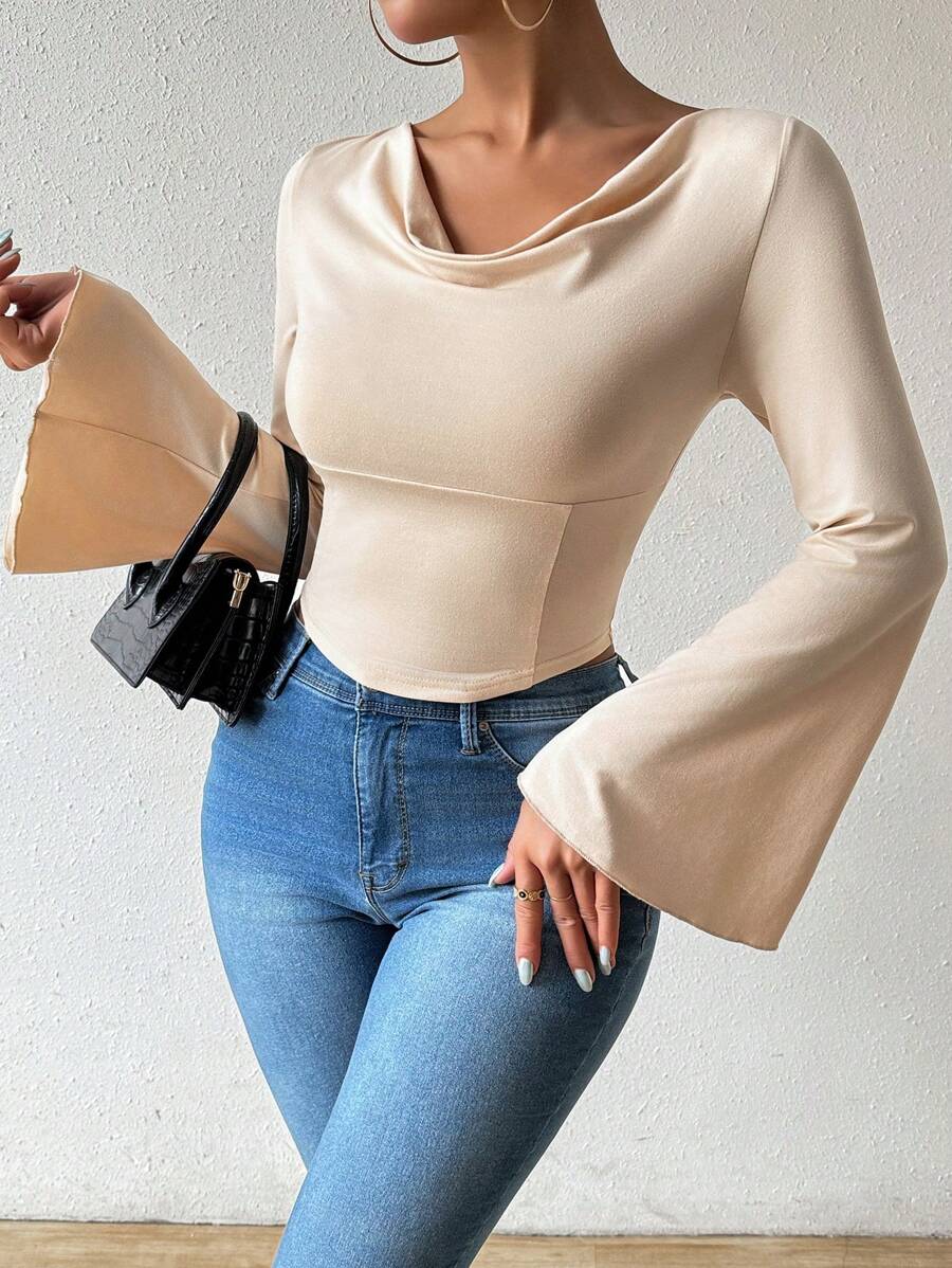 Chiquease Solid Color Cowl Neck Bell Sleeve T-Shirt - Apricot - View 1