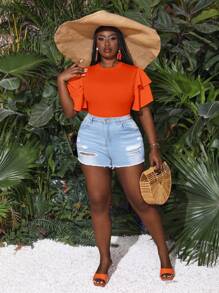 Slaydiva 大碼緊身連體褲，多層荷葉邊和拼接袖口設計