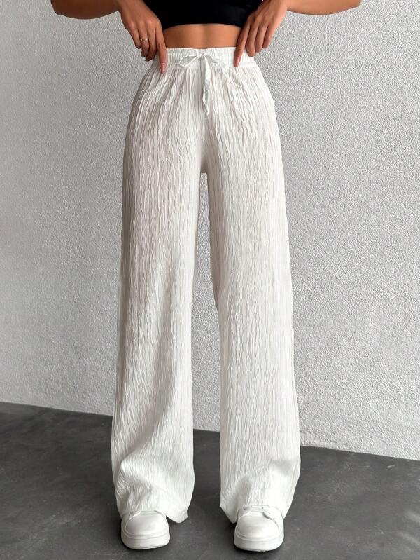 SHEIN PETITE Pantaloni cu șnur cu talie lungă de culoare uni pentru femei Petite
