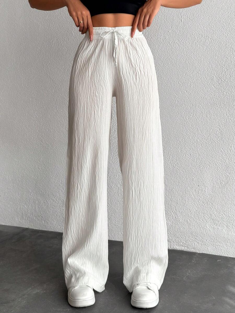 SHEIN Plus Size Women's White Solid Color Drawstring Detailed Casual Long Pants - White - View 1