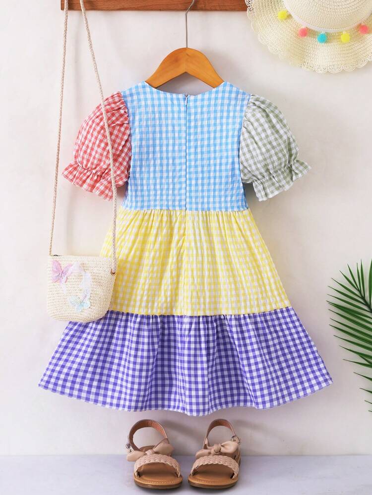 Young Girl Plaid Color Block Bubble Sleeve Holiday Leisure Dress