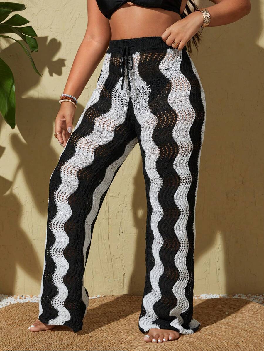 SHEIN Swim Vcay Summer Beach Plus Size Black And White Hollow Out Wave