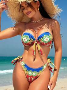 SHEIN Swim Conjunto de Bikini de Verano Estilo Vacacional con Estampado Integral sin Tirantes y sin Espalda