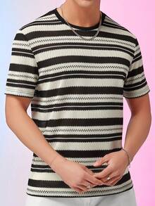 Nam Dệt kim Ngắn tay Áo thun Với Khối màu Sọc Và Thoáng khí Nguyên vật liệu - Đen và trắng - Xem 5