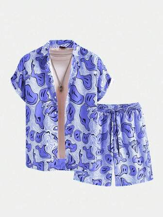 Street Life Conjunto casual de camisa de manga corta y pantalones cortos para hombres, adecuado para primavera y verano, escuela