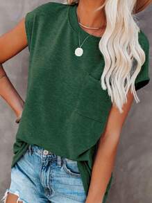 Women's Solid Color Batwing Sleeve T-Shirt Summer Loose Fit Casual Tops Pocket Patched Tee