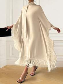 Chiquease Elegant Solid Color Stand Collar Fringed Decor Batwing Sleeve Dress For Spring And Summer - Apricot - View 4
