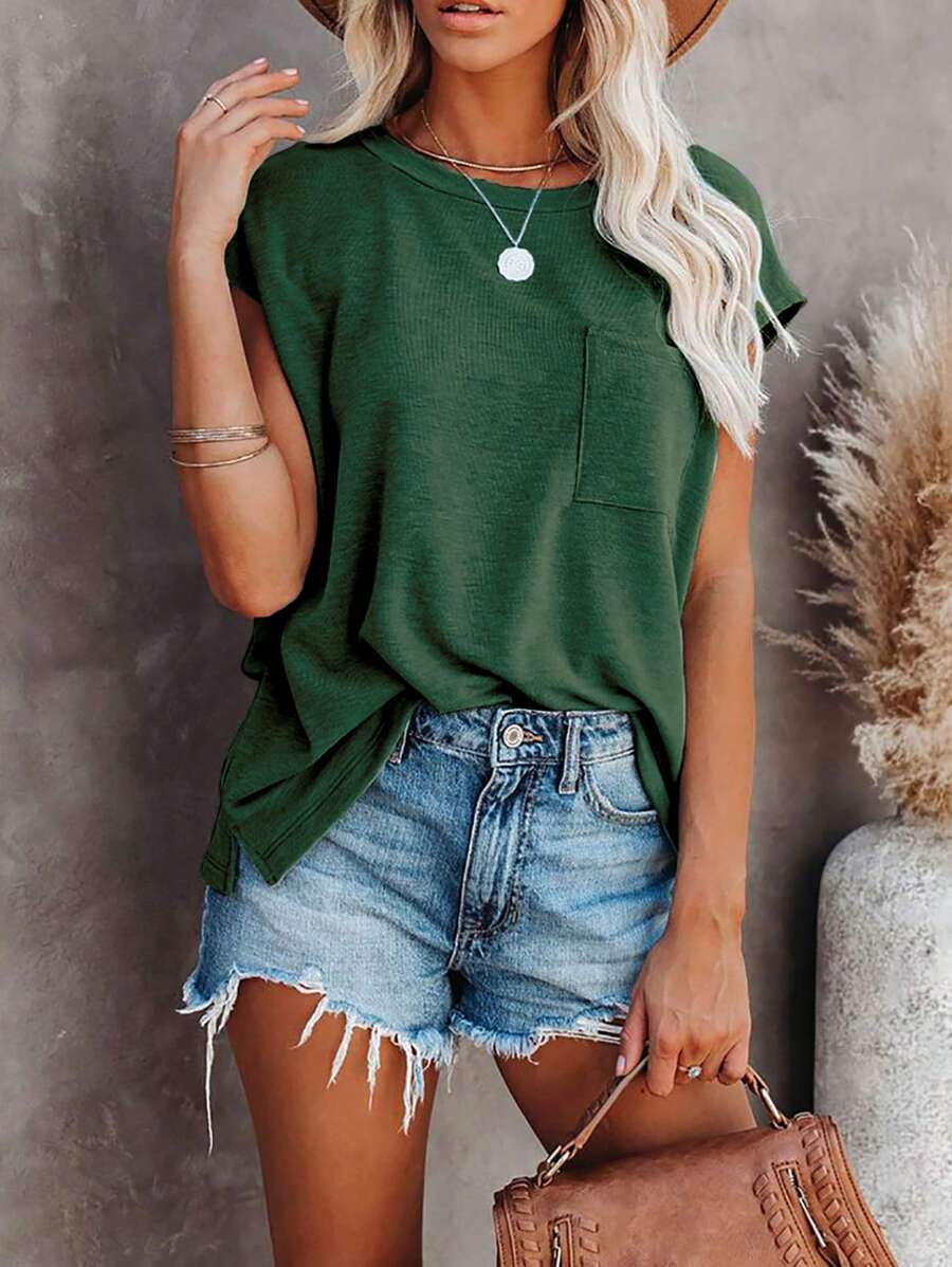 Women's Solid Color Batwing Sleeve T-Shirt Summer Loose Fit Casual Tops Pocket Patched Tee