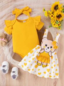 SHEIN Playful Pals 女嬰可愛愛心圖案泰迪上衣吊帶洋裝黃色夏季休閒套裝家庭穿搭荷葉邊短袖連身衣套組 - 黃色 - 查看 5