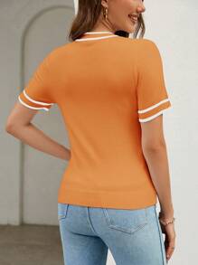 SHEIN Clasi Women's Spring/Summer Striped Knitted Top With Knot Detail Neckline Old Money Outfits - Burnt Orange - View 2