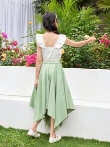 SHEIN Váy suông dài đến bắp chân đơn giản, dáng rộng, thường ngày, màu trơn, không đối xứng, đơn giản cho bé gái tuổi mới lớn - màu xanh lá - Xem 2