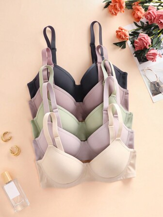 女士 5 件纯色钢圈聚拢文胸套装