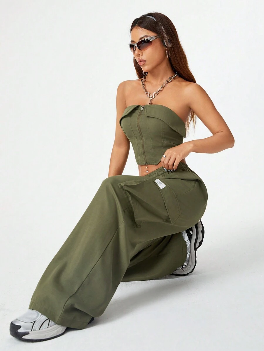 SHEIN Coolane 女士街头风格宽松上衣和裤子工作服两件套 - 軍綠色 - 查看 1