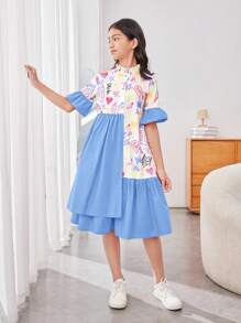 Tween Girl Loose Cute Stand Collar Cartoon Graffiti Pattern Color Block Short Sleeve Dress - Baby Blue - View 4