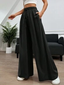 SHEIN EZwear Pantaloni largi pentru femei, primăvară/vară, de culoare uni, cu șnur
