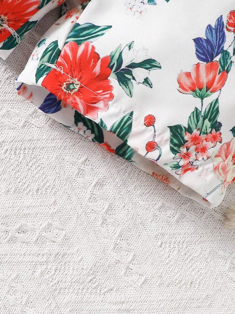 Baby Girl Spring/Summer Casual Flower Pattern Vest Shorts And Solid Color Suspenders Set