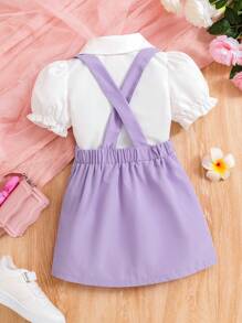 SHEIN Conjunto de 2 piezas, atuendo informal para primavera y otoño para chicas jóvenes, que incluye una linda camisa de moda con estilo académico y una falda con tirantes - Multicolor - Ver 2