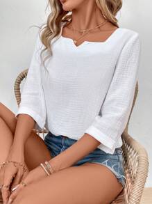 EMERY ROSE Camisa Casual Feminina de Verão, Perda de Cor sólida com Mangas Três Quartos - Branco - Visão 3