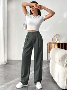 Chiquease Ladies' Solid Simple Casual Daily Fold Pleated Long Pants - Dark Green - View 6