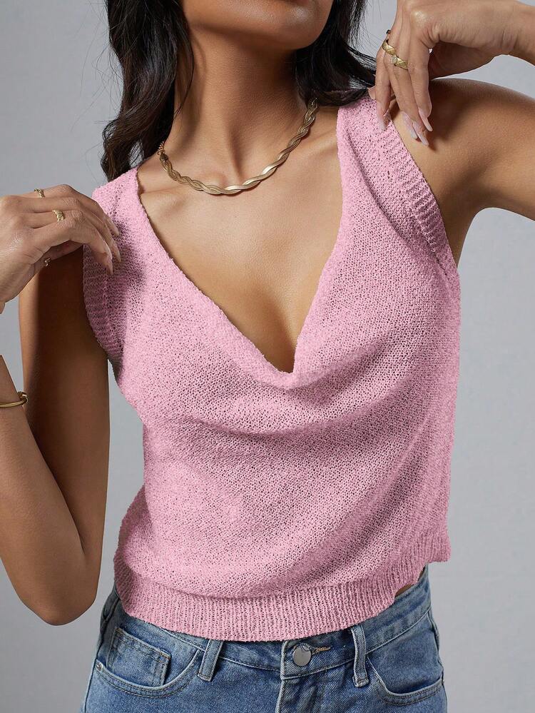Women Casual Solid Color Draped Short Sleeve Knitted Top For Spring/Summer
