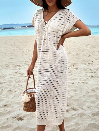 RueChic V-Ausschnitt Spitze Schnürung Detail Midi Strandkleid, für Sommerstrandurlaub