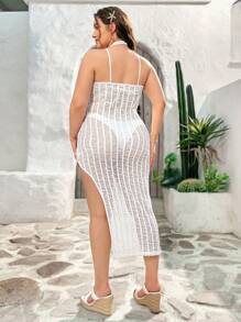 Dreamara Robe blanche en maille fendue couvre-tout grande taille pour les vacances d'été - Blanc - Voir 2