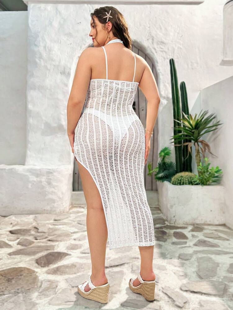 Plus Size Vacation White Knitted Slit Cover Up Dress Summer