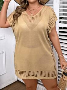 Swim Vcay Summer Beach Plus Size Solid Color Batwing Sleeve Cover Up Dress - Khaki - View 6