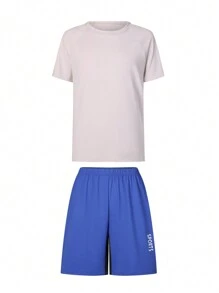 青少年男孩純色圓領短袖T卹+字母印花短褲運動套裝 - 黑色 - 查看 1