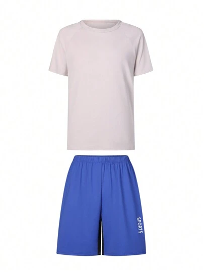 Teen Boy Solid Color Round Neck Short Sleeve T-Shirt + Letter Print Shorts Sportswear Set