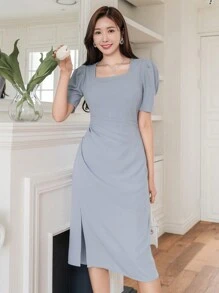 DAZY Sukienka letnia z kwadratowym dekoltem, dopasowana do talii, elegancka, na wesele