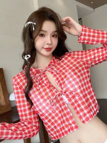 復古格紋印花緞帶長袖夏季度假時尚和服外套 - 彩色 - 查看 6