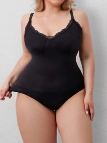 Plus Size Lace Patchwork Monochromatic Bodysuit Shapewear