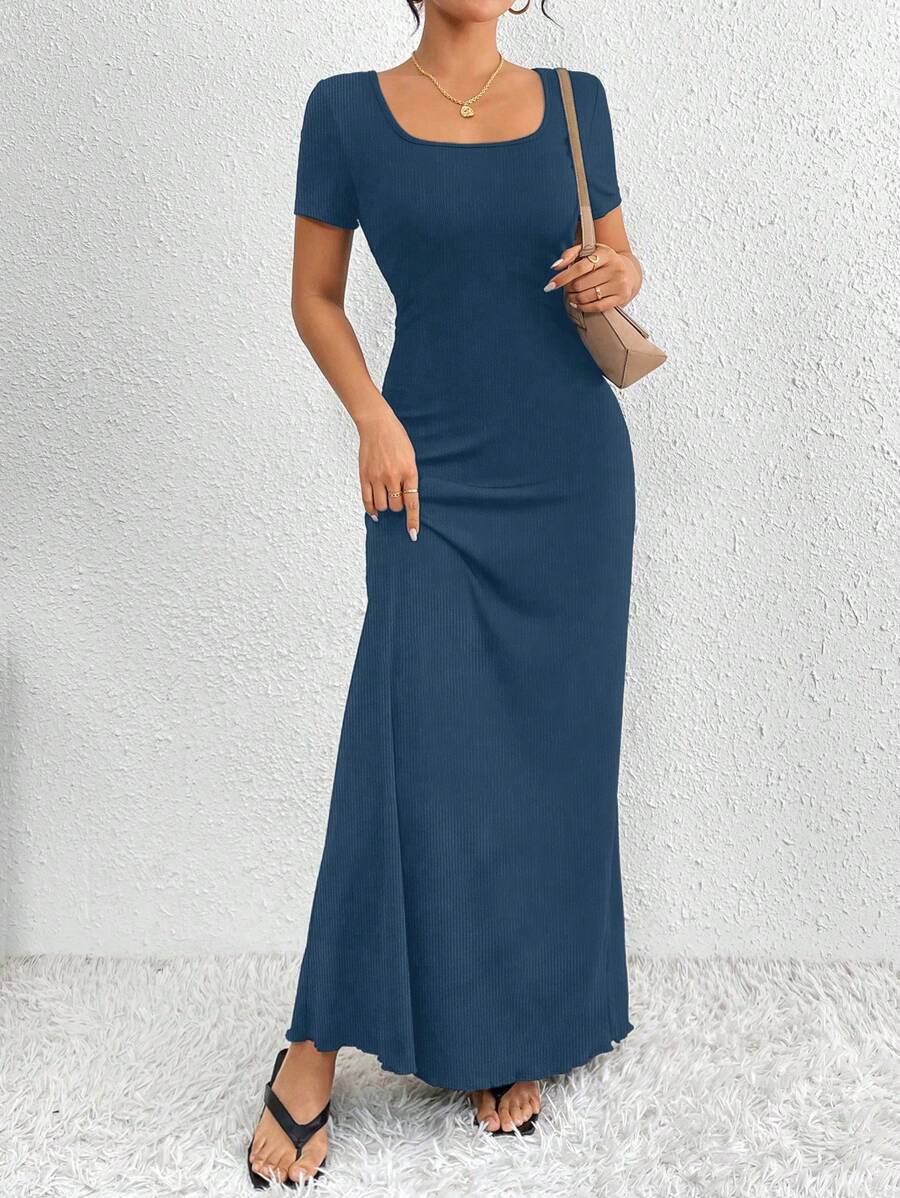 SHEIN Clasi 优雅纯色短袖女式夏季连衣裙 女式长款套装 - 霧霾藍 - 查看 1