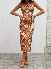 EURMUSE Vocational Halter Dress With Tribe Pattern, Back Tie, Solid Colour, Sleeveless Dress - Burnt Orange - View 4