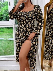 Breezaya Plus Size Women Summer Holiday Style Sweetheart Neckline Flared Cuff Front Tie Side Slit Maxi Elegant Dress