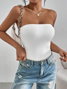 SHEIN PETITE Women Simple Solid Color Strapless Top, Versatile And Easy To Match - White - View 6
