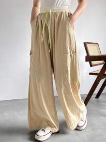 FRIFUL Women Casual Color Blocking Drawstring Waist Wide Leg Pants With Multiple Pockets