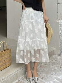 DAZY Strukturierter Jacquard Elastikbund Lange Damen Rock, Volant Herbst Röcke - Weiss - Übersicht 3