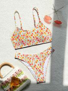 SHEIN Swim Holiday Random Ditsy Floral Print Shirred Bikini Set,Summer Beach - Multicolor - View 7