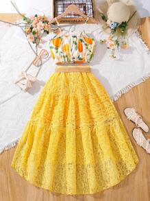 SHEIN Tween Girl Vacation Leisure Fruit Plant Printed Cami Top & Solid Lace Hem Skirt Set