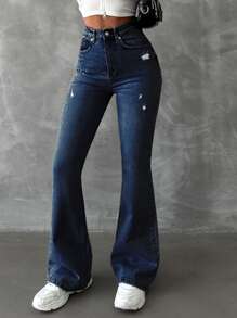 Cottnline Women Fashionable Street Style Casual Ripped Flared Jeans With Slant Pockets - Biru - View 5