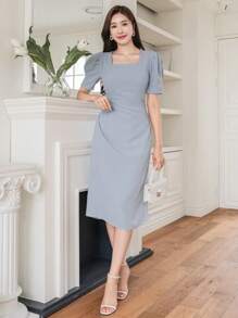 DAZY Sukienka letnia z kwadratowym dekoltem, dopasowana do talii, elegancka, na wesele