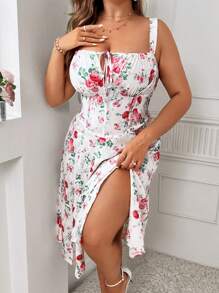 Breezaya Vestido cami plus size con estampado floral y escote fruncido