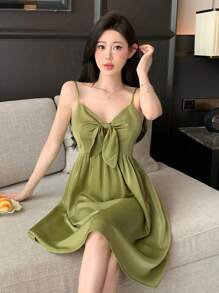 DAZY 缎面蝴蝶结细节蝴蝶结装饰美丽背部细肩带睡衣连衣裙睡衣 - 綠色 - 查看 8