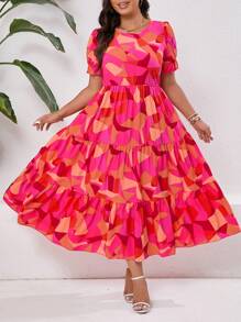 SHEIN Clasi Plus Size Boho Color Block Patchwork Pattern Swing Dress For Vacation & Leisure Women Outfit, For Summer - Multicolor - View 1