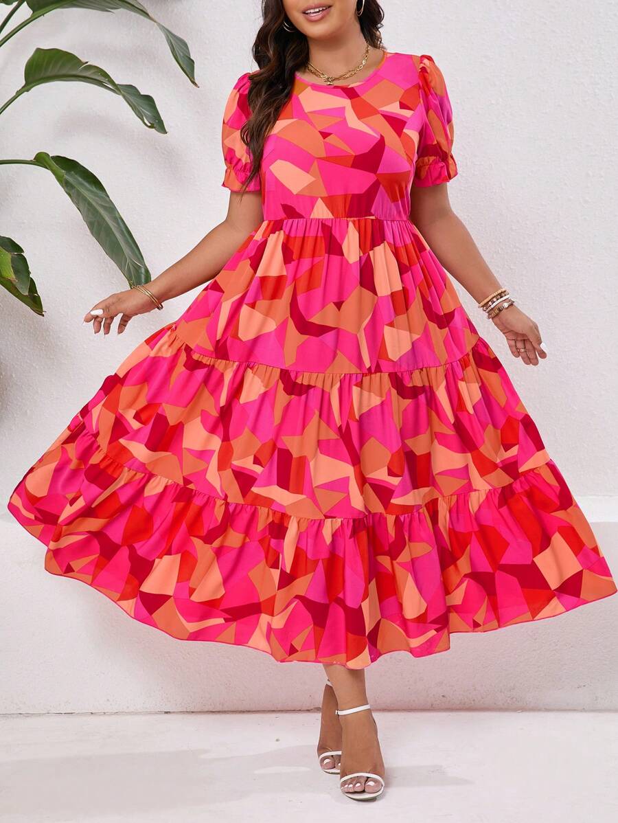 SHEIN Clasi Plus Size Boho Color Block Patchwork Pattern Swing Dress For Vacation & Leisure Women Outfit, For Summer - Multicolor - View 1