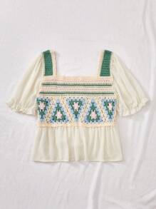 Breezaya Blusa de manga corta con volantes en el dobladillo y cuello cuadrado a rayas de bloques de color