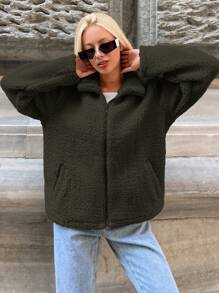SHEIN Cottnline Women's Solid Color Zip-up Plush Jacket - Khaki - View 5